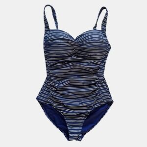 Niptuck Swim Womens Navy Stripe Ruched One Piece Swimsuit Sz 8 EUC Slimming